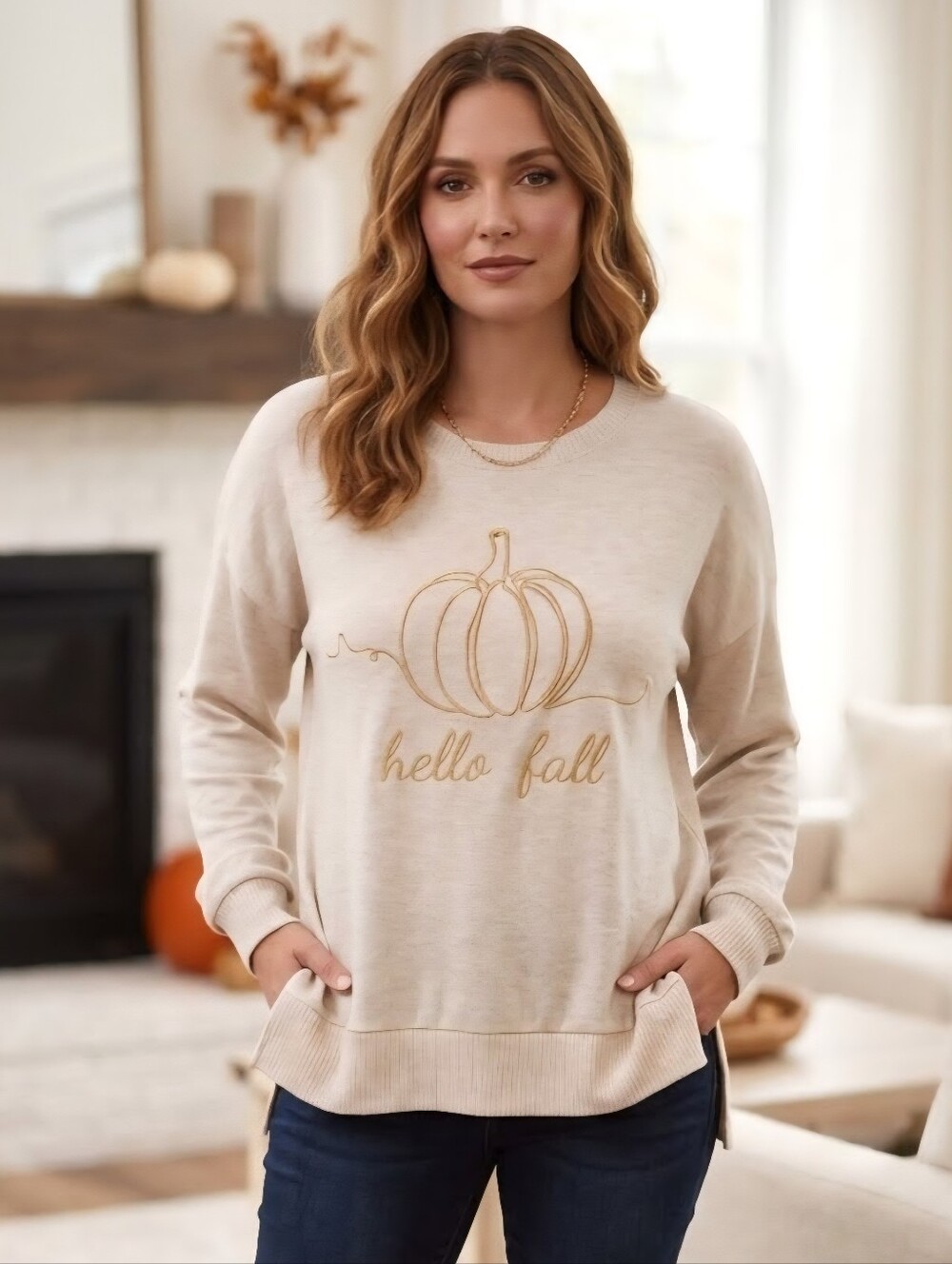 Kiss & Fly Beige 'Hello Fall' Crewneck Sweater